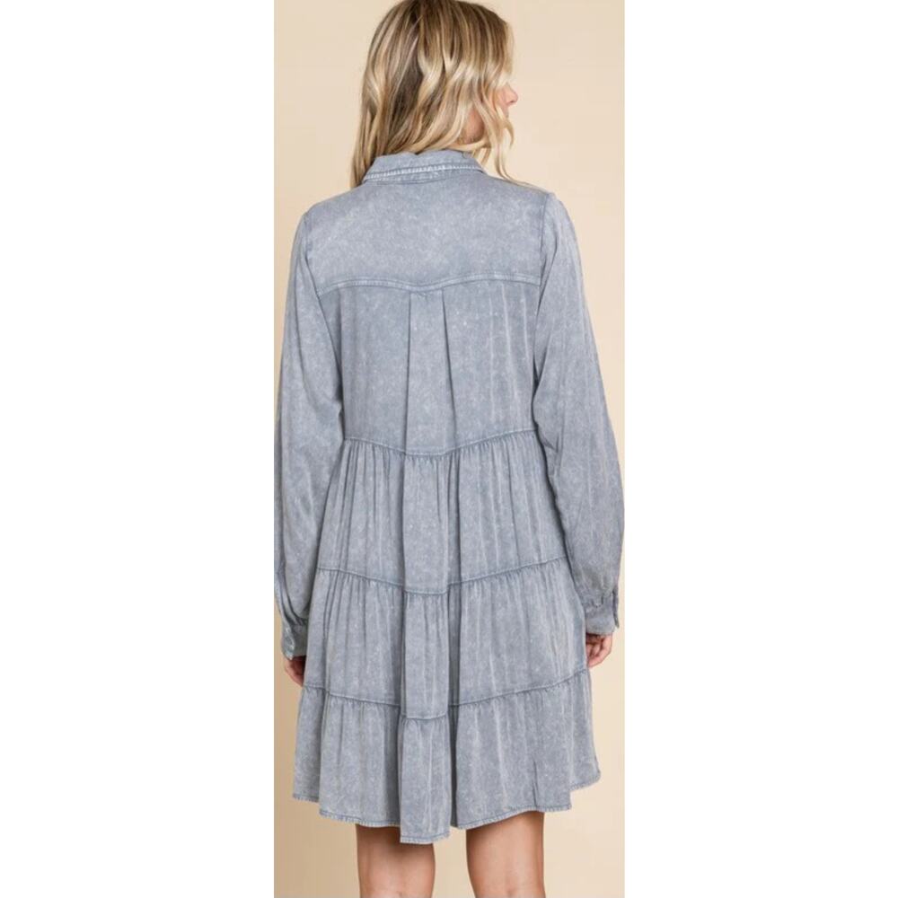 Jodifl Blue Washed Tiered Shirt Dress Long Sleeve Button Down Babydoll Large - Picture 3 of 3